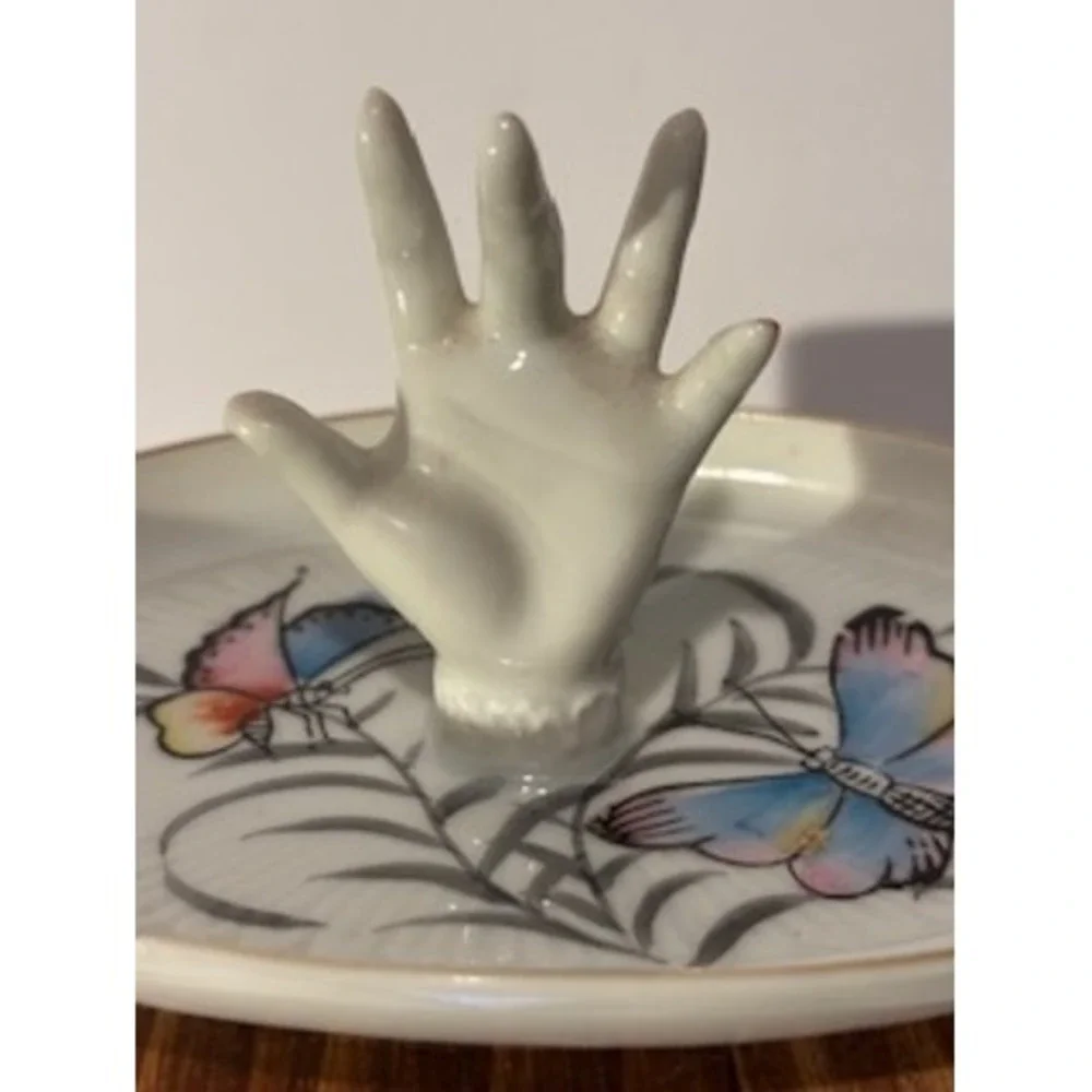 Vintage Porcelain Hand Ring Trinket Dish Butterfly Design Vanity Tray‎